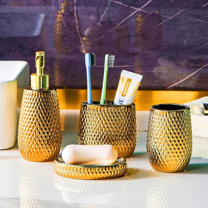 Gold Bathroom Accessory Set 4 Piece Ceramic Bath Accessories Sets Complete, Rain- Drop Shaped Bathroom Essential with Toothbrush Holder & Dish, Tumbler, Soap Dispenser Set for Bath Decor