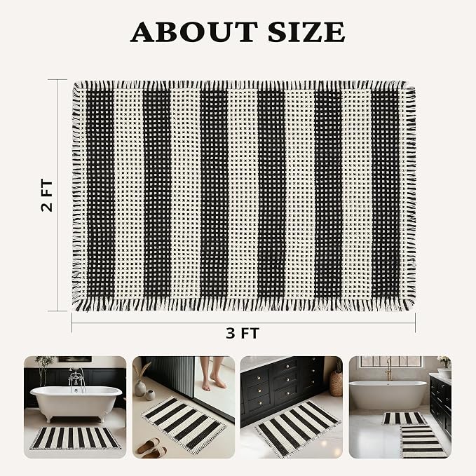 MatEssenz Black and White Striped Bath Mat 2x3 Ft, Super Absorbent Non Slip Bathroom Rug, Rubber Backed Waffle Bath Mat, Machine Washable Soft Bathroom Floor Rug with Tassels