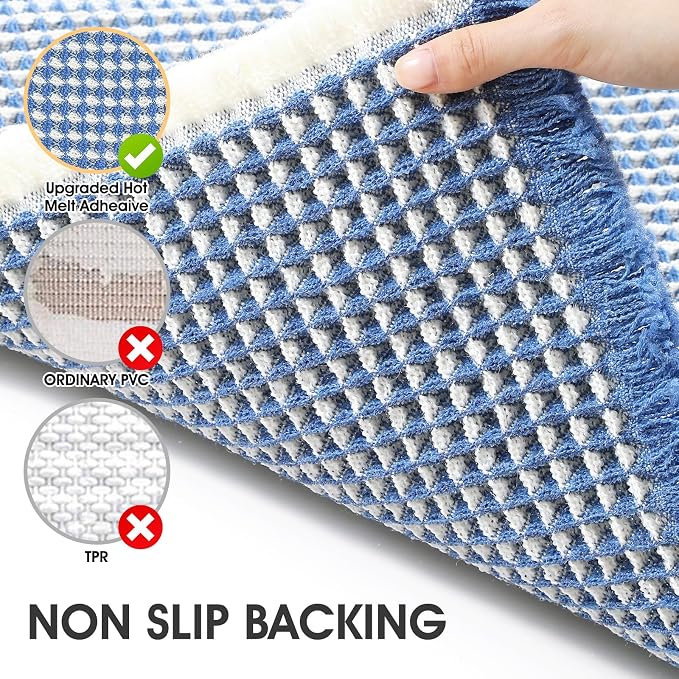 Waffle Bath Mat Blue & Cream 36"x24", Boho Woven Modern Bath Mat Rugs, Absorbent Non Slip Bathroom Rugs, Soft Washable Bath Rugs with Tassels for Bathroom, Bedroom, Kitchen, Shower, Tub