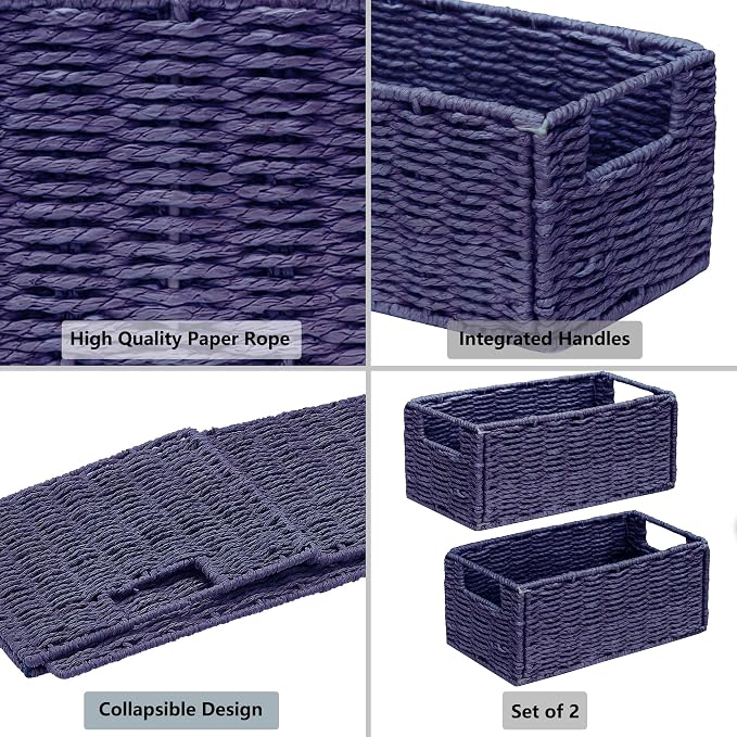 Wicker Storage Basket, Set of 2 Hand-Woven Paper Rope Wicker Basket, Small Storage Baskets for Organizing Toilet Paper, Foldable Small Cube Organizer Bins for Shelves (Purple)