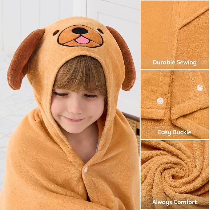 Joiedomi Hooded Towel for Kids Soft 100% Cotton Bath Beach Towel 30" x 50" for Kids 3-8 Years Toddler Pool Poncho with Hood Absorbent Swim Wrap for Boys Girls Brown Dog