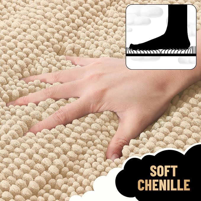 OLANLY Thick Large Bathroom Rugs 44x32, Soft Chenille Bath Rugs, Beige | Absorbent Striped, Rubber Backing, Machine Wash Dry, Bath Mats for Bathroom Floor, Tub and Shower, Home Decor Accessories