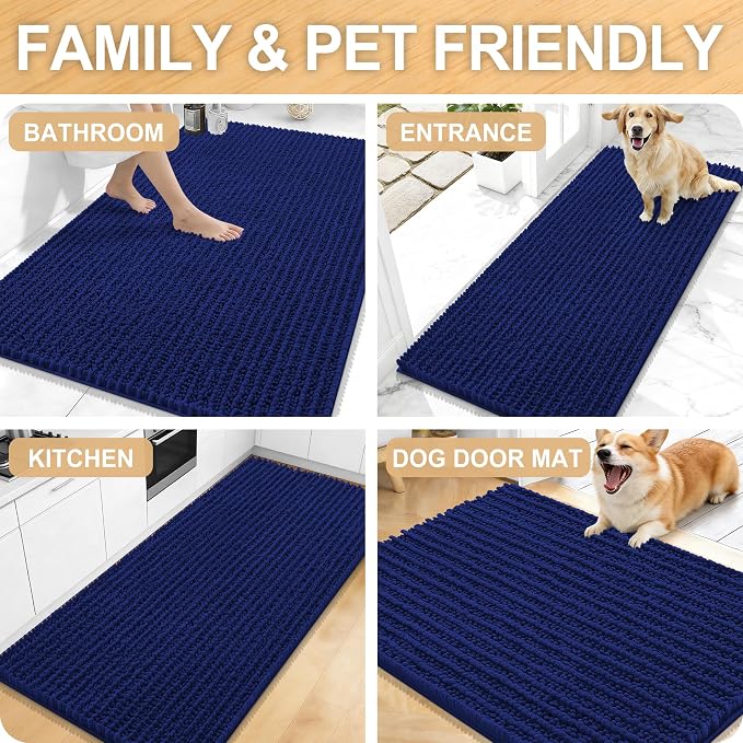 OLANLY Small Bathroom Rugs 24x16, Thick Soft Absorbent Chenille Bath Rugs | Navy Blue, Shaggy Bath Mat with Quick-Drying Rubber Backing, Washable for Floor, Tub and Shower, Home Decor Accessories