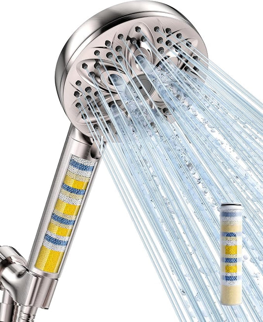 6-Setting Filtered Handheld Shower Head, JDO High Pressure Shower Head with Replaceable Filter Cartridge 4.7 Inch Detachable Showerhead for Chlorine Hard Water Removal 59 Inch Stainless Steel Hose