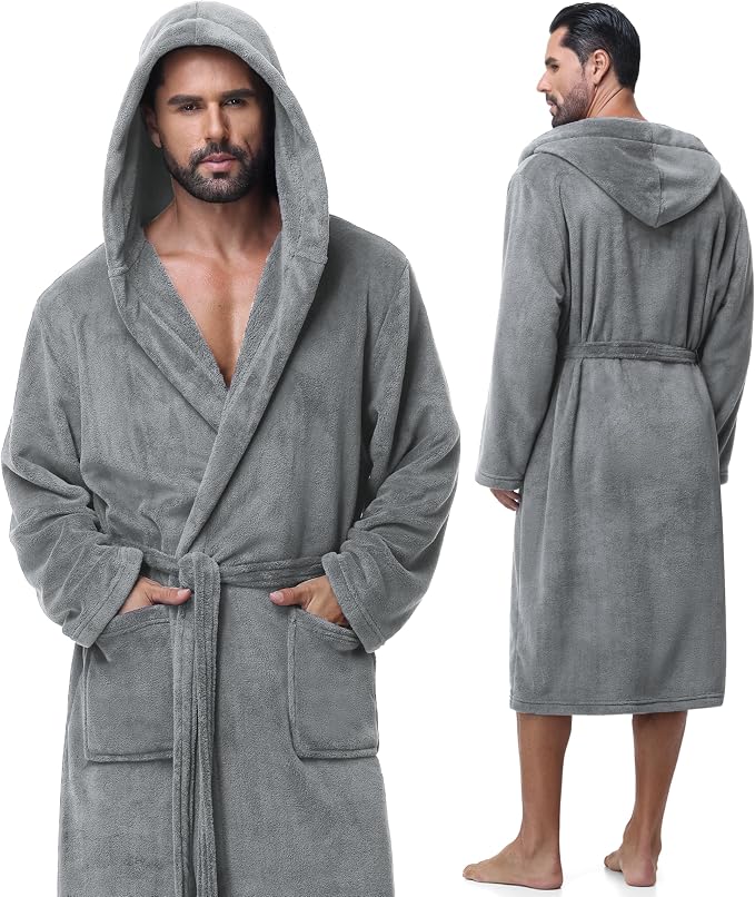 Absorbent Fleece Mens Robe with Hood Warm Cozy Ultra Soft Bathrobe Luxury Quick Dry Spa Towel Robe for Men