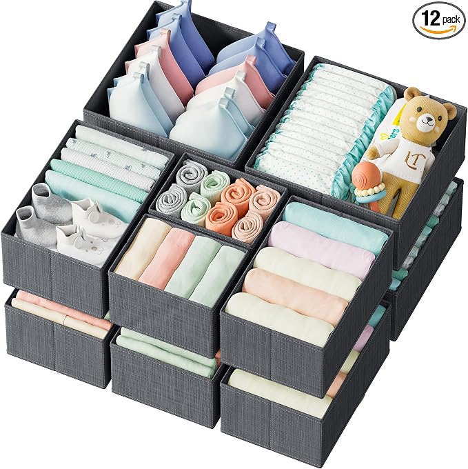 Drawer Organizer Set of 12 Dark Grey - Nursery, Bedroom, Closet Organizer & Storage