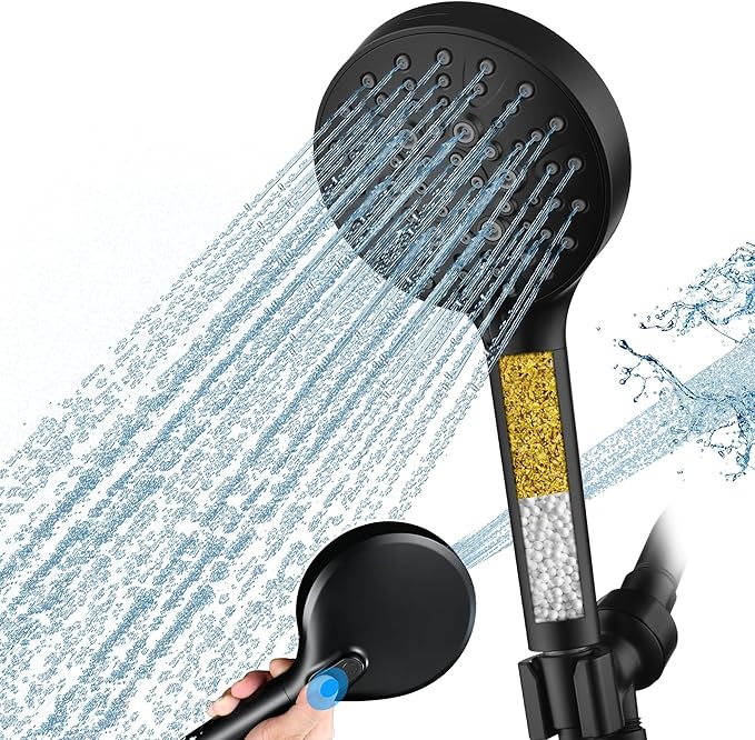 BRIGHT SHOWERS Filtered Shower Head with Handheld, High Pressure 9 Spray Mode Showerhead with Long Hose and Bracket, Water Softener Filters Beads for Hard Water - Removes Chlorine, Matte Black