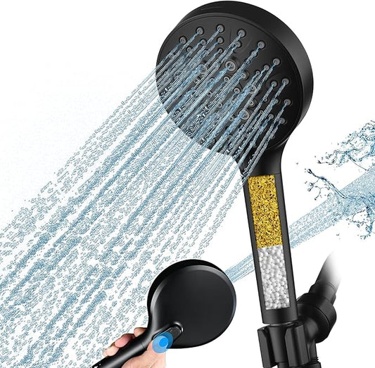 BRIGHT SHOWERS Filtered Shower Head with Handheld, High Pressure 9 Spray Mode Showerhead with Long Hose and Bracket, Water Softener Filters Beads for Hard Water - Removes Chlorine, Matte Black