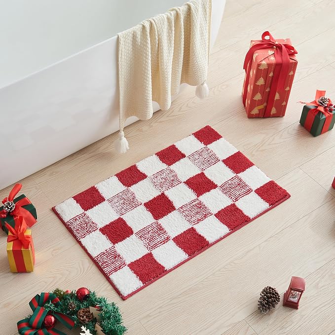 CozeCube Christmas Red Checkered Bath Mat 36"x24" Non Slip Washable Rug | For Bathroom Non Slip, Fluffy Absorbent Microfiber Bath Mats Machine Wash, Stylish Long Aesthetic Bathroom Rugs
