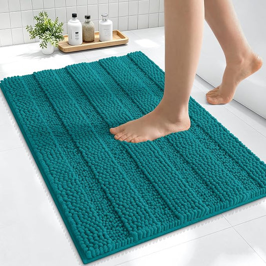 Smiry Thick Small Chenille Bathroom Rugs 24x16, Soft Bath Mat, Deep Lake | Quick‑Dry & Machine Washable, Non‑Slip Bath Carpet, Striped Bath Rugs for Tub & Shower, Modern Home Decor Accessories