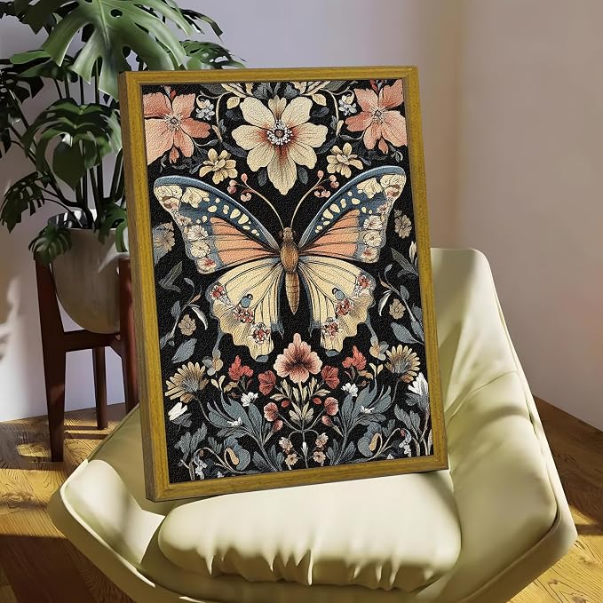 Hand Drawn Sandstone Nature Floral Wall Art, Framed Vintage 3D Textured Butterfly Wall Decor, Gothic Style Flower Insect Print Painting for Living Room Bedroom Home Decor 12x16 inch