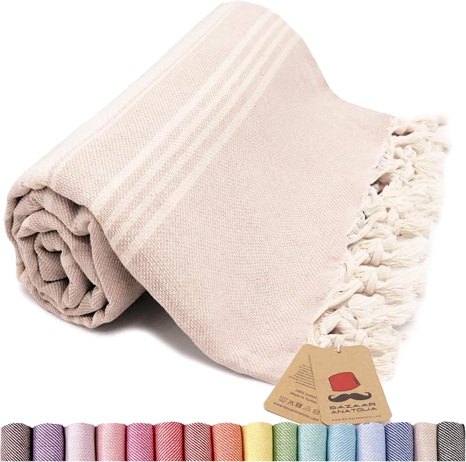 Turkish Beach Towel, 100% Cotton, 71x39 in, Stripe Beige
