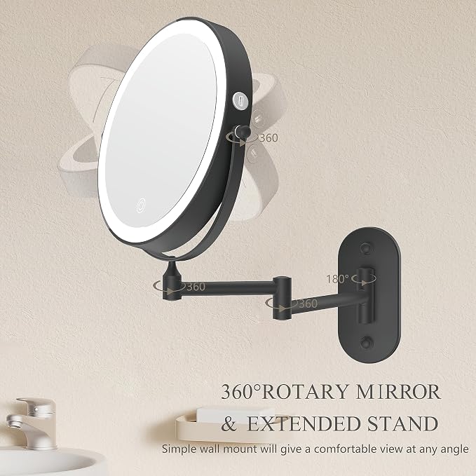 8" Wall Mounted Lighted Makeup Mirror,Oval Base, 10X, Matte Black | Rechargeable Lighted Makeup Vanity Mirror,Double Sided Dimmable,Magnifying,3 Color Lighting,360 Rotation Shaving,Women Gift