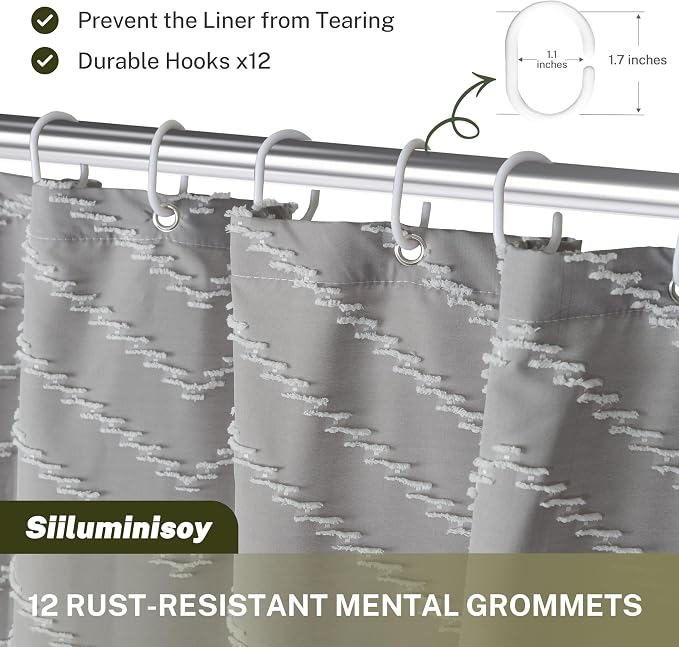 Siiluminisoy Boho Shower Curtain with Tassel Woven Fabric Grey Shower Curtain 72 x 72 Modern Farmhouse Textured Tufted Chevron Striped Minimalist Bathroom Shower Curtain Set with Hooks