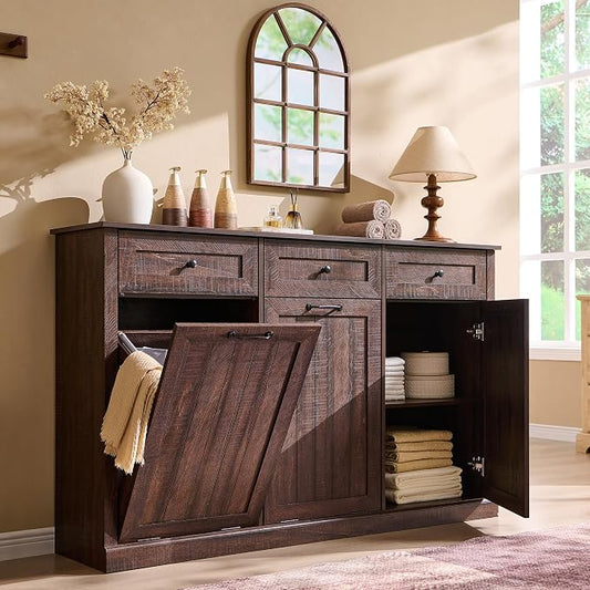 IFBUY Triple Tilt Out Laundry Hamper Cabinet, Trash Cabinet, Brown | 20 Gallon Farmhouse Trash Can Cabinet w/Drawers & Adjustable Shelf, Hidden Garbage Can Cabinets w/Laundry Basket for Bathroom