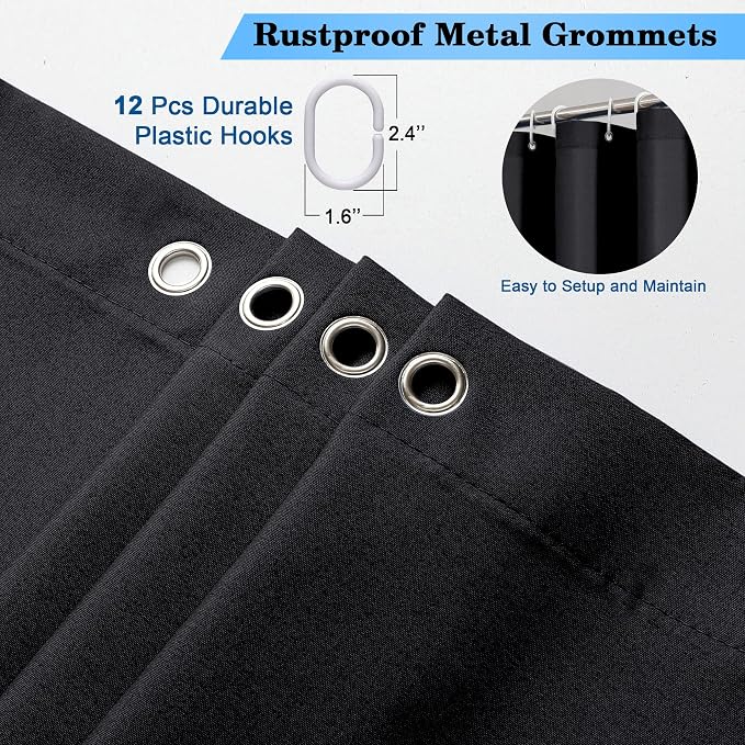 Zora Solid Black Shower Curtain for Bathroom, Fabric Shower Curtain- Soft Cloth & Hotel Spa Quality, Water Repellent, Machine Washable Shower Curtain Set with 12 Hooks, Grommets Top, 72Wx72L