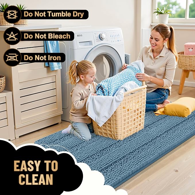 OLANLY Thick Bathroom Runner Rugs 47x17, Soft Chenille Bath Rugs, Airy Blue | Absorbent Striped, Rubber Backing, Machine Wash, Long Bath Mats for Bathroom Floor, Tub and Shower, Home Decor Accessories