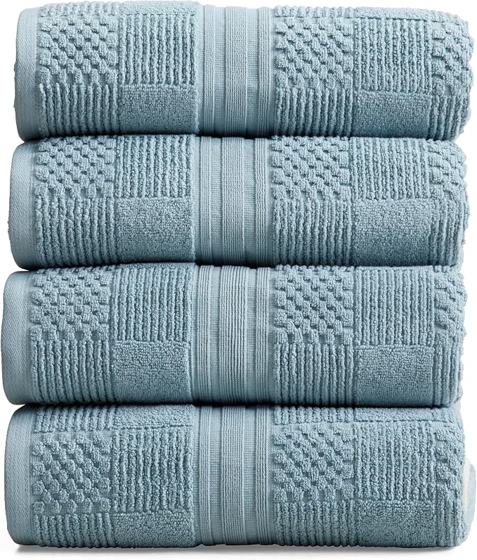 100% Cotton Bath Towel Set | 4-Pack | Textured | Arona Blue | Luxury Geometric Design | Absorbent & Quick-Dry Bathroom Towels | Textured and Durable Cotton Towels for Bathroom | OEKO-TEX