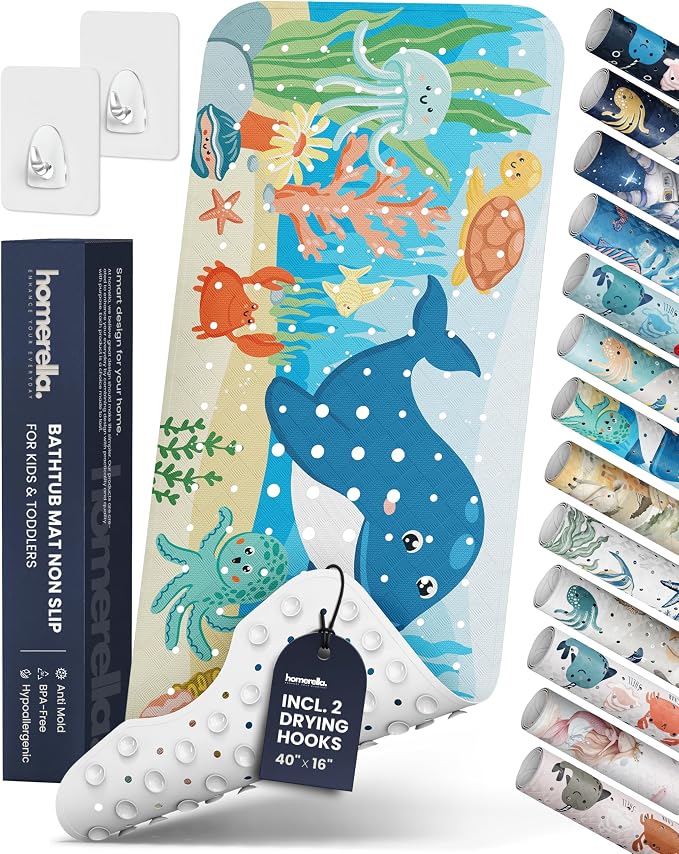 homerella Bathtub Mat Non Slip Kids 40x16 Baby Bath Mat Non Slip Anti Mold | 100% BPA Free, Non Toxic, Mildew Resistant, Machine Washable, Extra Long Kids Bath Mat for Tub Non Slip, Toddler Bath Mat