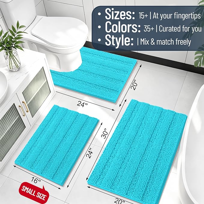 Smiry Thick Small Chenille Bathroom Rugs 24x16, Soft Bath Mat, Aqua Sky | Quick‑Dry & Machine Washable, Non‑Slip Bath Carpet, Striped Bath Rugs for Tub & Shower, Modern Home Decor Accessories