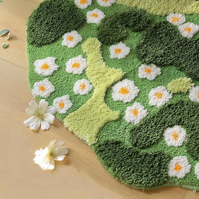 YIKUSH Moss Rug, Cute Green Plant Bath Mat with White Flowers, 29x26 Inch | Round Rugs, Bathroom Decor Aesthetic, Absorbent, Machine Washable, Non Slip Bath Mat for Bedroom Shower Floor Home Decor