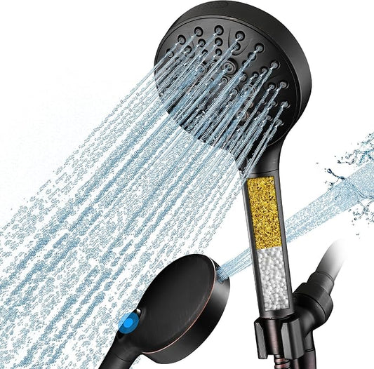BRIGHT SHOWERS Filtered Shower Head with Handheld, High Pressure 9 Spray Mode Showerhead with Long Hose and Bracket, Water Softener Filters Beads for Hard Water - Removes Chlorine, Oil-Rubbed Bronze