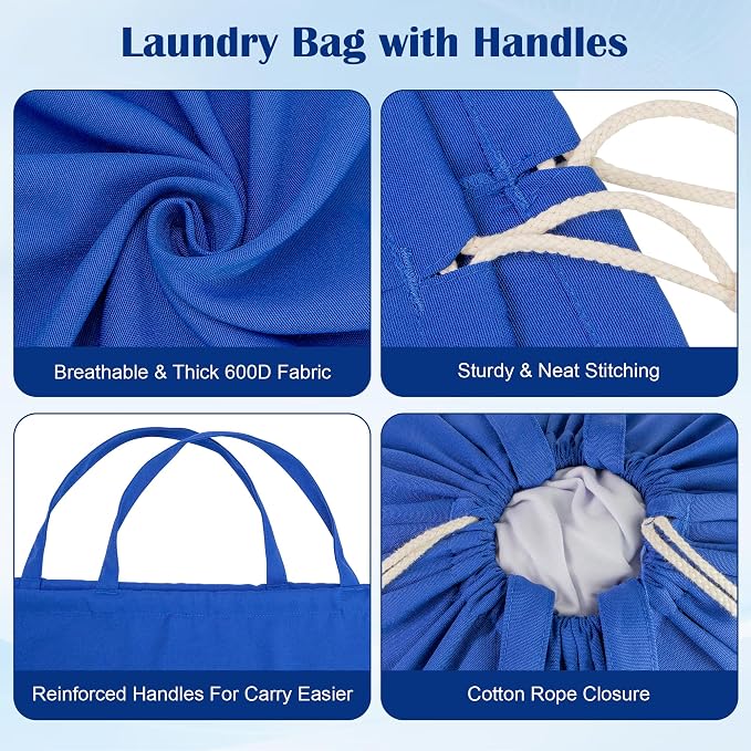 Laundry Bag with Handles & Drawstring Closure, 27.6"Wx35"H Blue, 1Pack | Thick 600D Fabric, Washable, For Camp, College Dorm, Laundromat