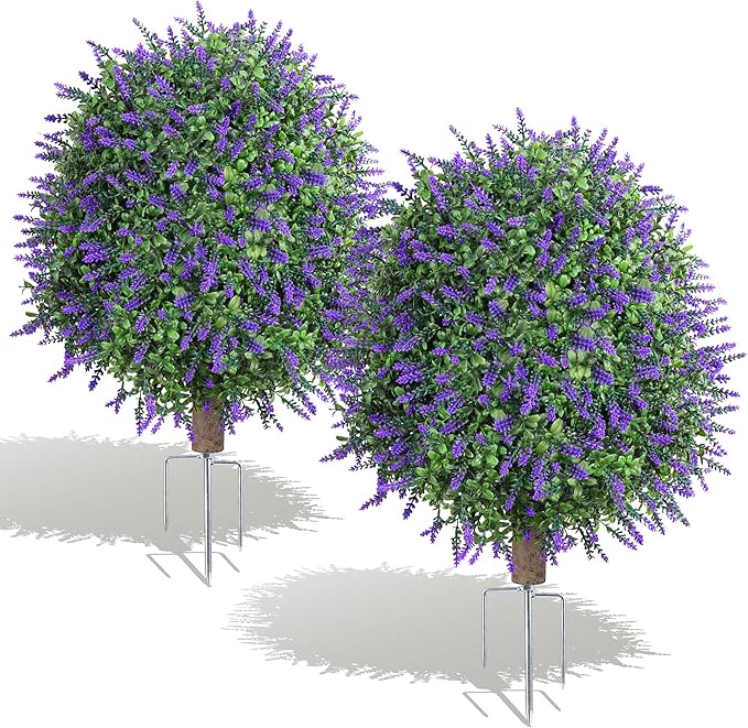 26'' Artificial Boxwood Topiary Trees with Lavender 2 Pack Fake Plants for Outdoor Indoor Artificial Shrubs with Metal Ground Spike UV Resistant Fake Bushes for Front Porch Garden, White
