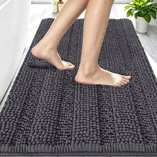 Smiry Thick Chenille Bathroom Rugs 30x20, Absorbent Bath Mat, Dark Grey | Quick‑Dry & Machine Washable, Non‑Slip Bath Carpet, Soft Striped Bath Rugs for Tub & Shower, Modern Home Decor Accessories