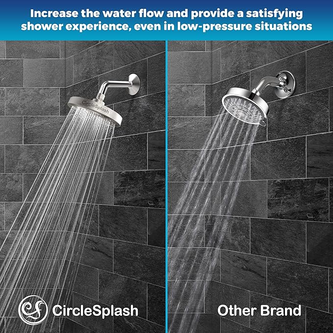 Shower Head - High Pressure 2.5 GPM - Brushed Nickel | Anti-clog silicone nozzles, removable restrictor, easy-clean fixed replacement