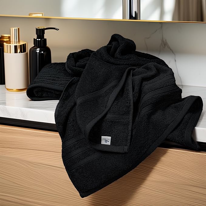 4 Piece Bath Towels 27x54 Inches, Black | 100% Cotton, Lightweight & Quick-Dry, Ideal for Daily Bathroom Use, Practical & Comfortable