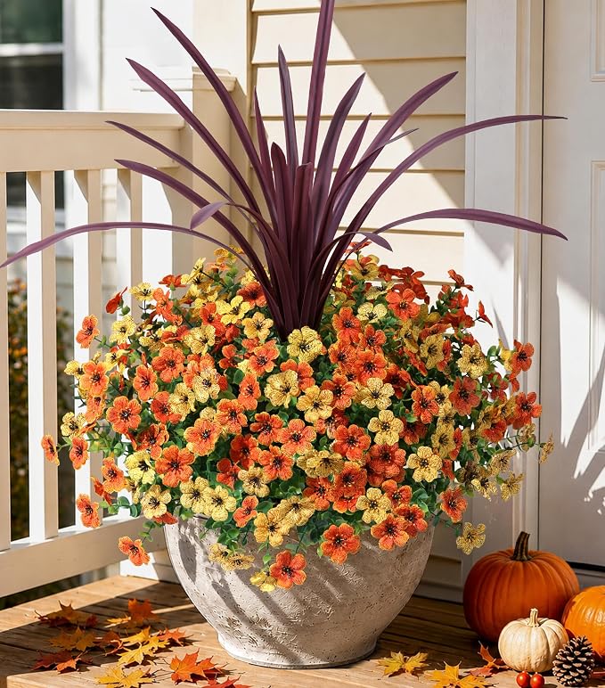 Artificial Fall Flowers Faux Mums for Outdoor Indoor Garden Home Decoration, Faux Flower Daisy with Eucalyptus Leaves Fake Mums Plants Greenery Boxwood Porch Patio, 12 Bundles (OrangeYellow)