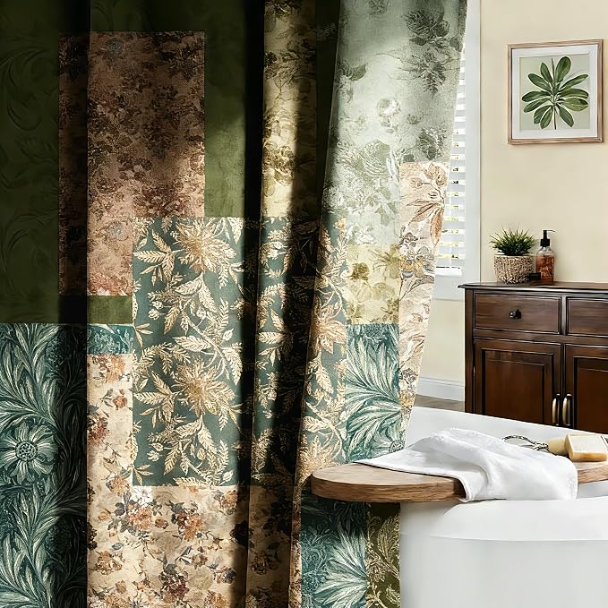 Mocsicka Vintage Boho Shower Curtain Green Retro Floral Shower Curtain for Boho Floral Bathroom Decor Waterproof Fabric Mid-Century Farmhouse Flowers Patchwork Bath Curtain, 72 X 72 Inch