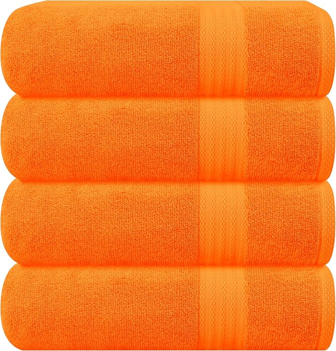 GLAMBURG Premium Cotton 4 Pack Bath Towel Set - 100% Pure Cotton - 4 Bath Towels 27x54 - Ideal for Everyday use - Ultra Soft & Highly Absorbent - Orange