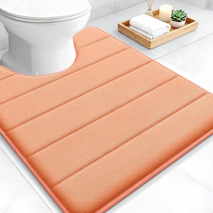 OLANLY Memory Foam Toilet Rugs U Shaped 24x20, Super Soft and Absorbent | Peach, Quick Dry Commode Contour Bath Rugs, Machine Washable Toilet Mat, Comfortable Bathmat Carpet for Bathroom Floor