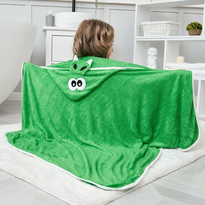 HIPHOP PANDA Ultra Soft Hooded Baby Towel - 2-Layer Thick 500GSM Absorbent | Rayon Made from Bamboo, Hooded Bath Towel for Newborn, Infant, Toddler, Baby Registry - Dinosaur, 30x40 In