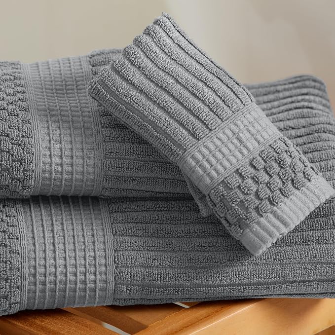 100% Cotton Bath Towel Set | 4-Pack | Textured | Grey | Absorbent & Quick-Dry Bathroom Towels | Textured and Durable Cotton Towels for Bathroom | OEKO-TEX | Krista Collection