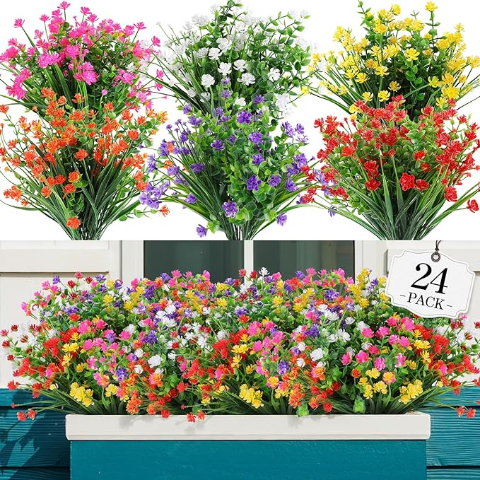 AGIRL Artificial Flowers Outdoor UV Resistant Fake Plant Garden Patio Decor | 24 Bundles,No Fade Plastic Faux Flowers for Hanging Planters front porch yard Indoor Outside,grave decorations for cemetery