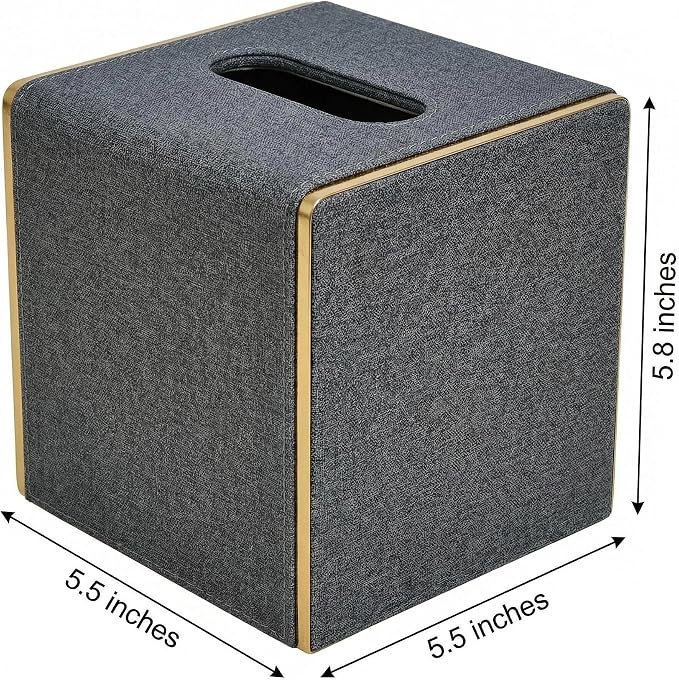PU Leather Square Tissue Box Cover, Linen Tissue Box Holder with Magnetic Closure, Decorative Modern Cube Tissue Box for Bathroom Vanity Countertop Bedroom Office Desk (Gray)