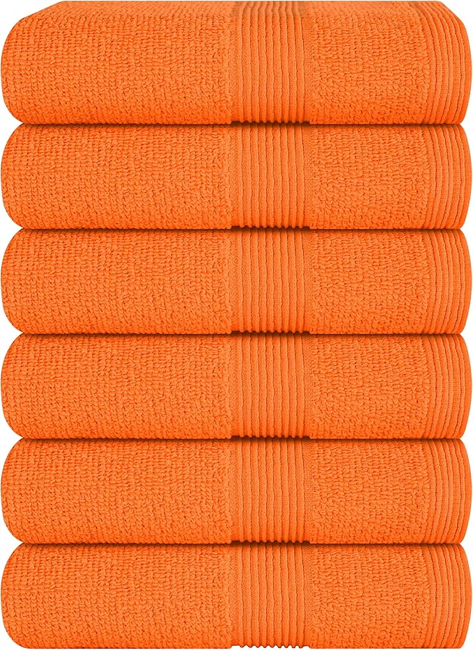 Ultra Soft 6-Piece Hand Towel Set 16x28-100% Ringspun Cotton - Durable & Highly Absorbent Hand Towels - Ideal for use in Bathroom, Kitchen, Gym, Spa & General Cleaning - Orange