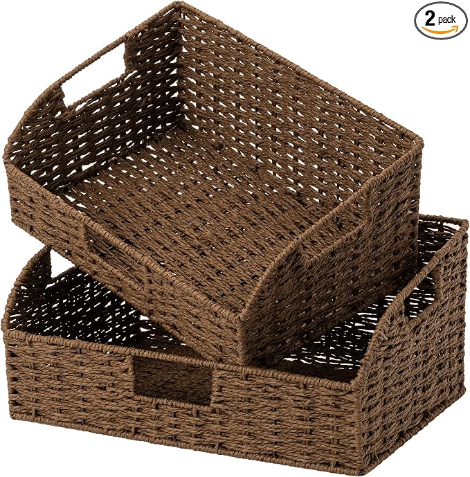 StorageWorks Pantry Baskets for Organizing, Brown Storage Baskets, 2-Pack | Paper Rope Wicker Storage Baskets for Shelves with Handles, Pantry Organizers and Storage, Shelf Baskets for Organizing