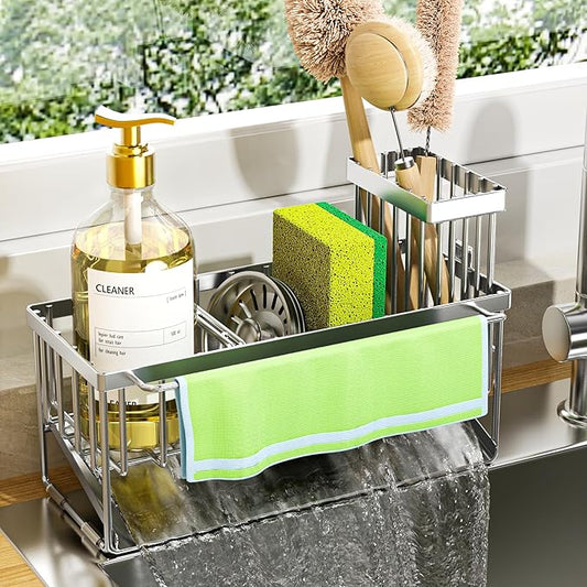 Cisily Kitchen Sink Caddy Organzier with High Brush Holder, Sponge Holder for Sink, 304 Rustproof Stainless, Kitchen Countertop Soap Dispenser Organizer (Silver With Towel Rack, 9.25″)