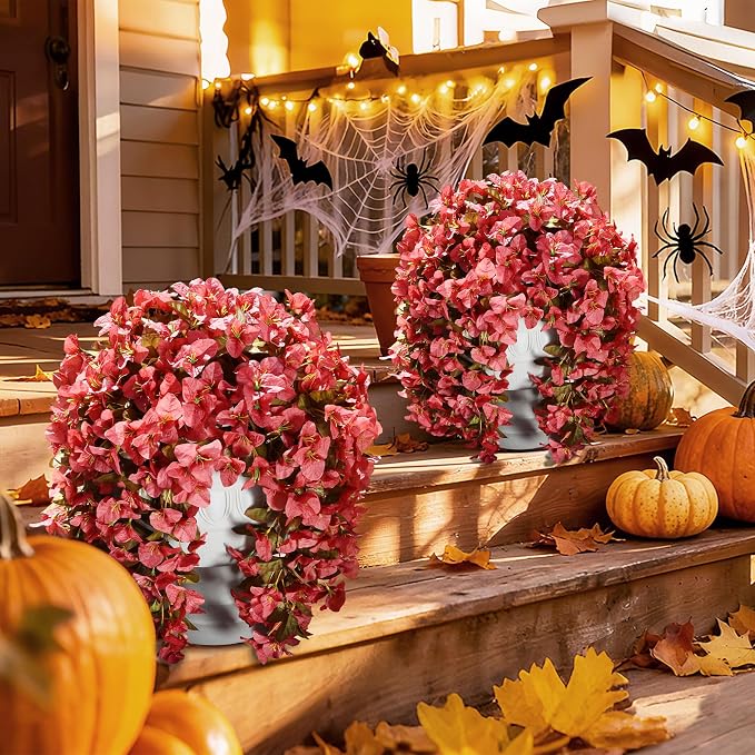 Bougainvillea Artificial Flowers for Outdoors Fake Plants Fall Autumn Decor, 2 pcs Faux Long Trailing Vines UV Resistant Look Real Red Silk Flowers for Outside Planter Front Door Porch Urn Yard Patio