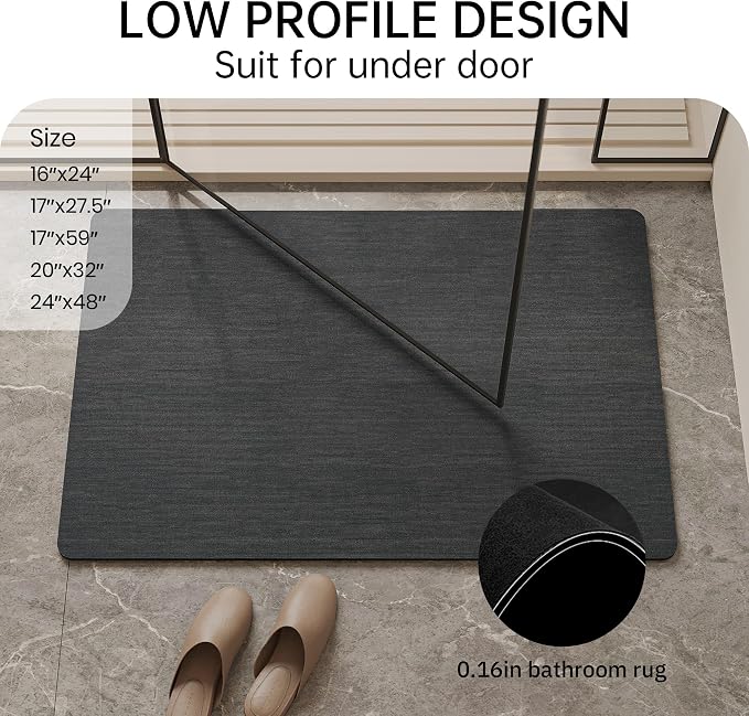 Mecko Bath Mat, Ultra Absorbent Quick Dry Bathroom Floor Mats-Rubber Non-Slip Thin Bathroom Rug Fit Under Door, Faux Suede Surface Shower Rug for Bathtub, Sink, Shower Room(Black,16"x24")