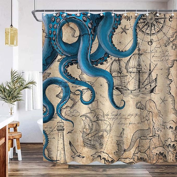 Fungarth 84 Inch Extra Long Vintage Nautical Octopus Shower Curtain Navy Blue Mermaid Funny Ocean Kraken Shower Curtains for Bathroom Cool Coastal Map Waterproof Fabric Bath Curtain (Retro, 72” x 84”)