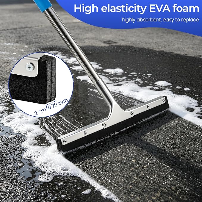 Aodaer Squeegee for Floor Scrubber with Extendable Telescopic Pole Handle | with 2 Pairs Extra Replacement EVA Blades Clip Heavy Duty Household Rubber Broom for Garage, Courtyard, Pool, Tile Bathroom