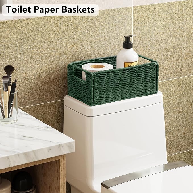 Wicker Storage Basket, Set of 2 Hand-Woven Paper Rope Wicker Basket, Small Storage Baskets for Organizing Toilet Paper, Foldable Small Cube Organizer Bins for Shelves and Bathroom (Green)