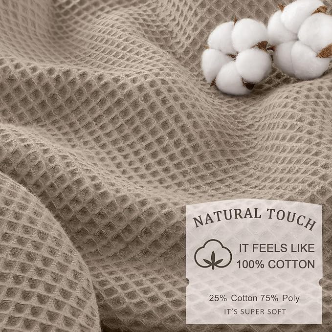 Waffle Weave Shower Curtain Heavyweight Cotton Fabric Beige 72Wx75L | Soft Cotton Cloth,3D Square Truely Waffle Washable, Hotel Luxury Spa, Shower Curtain Set for Bathroom 12 Plastic Hooks