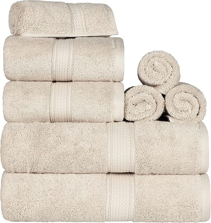 SUPERIOR Egyptian Cotton Ultra Plush & Absorbent, 8 Piece Set, Cream | Quick Dry, Soft Luxury Towel Set, Bath Essentials, Guest Bath, Spa, 2 Bath, 2 Hand, 4 Face Towels, Madeline Towels