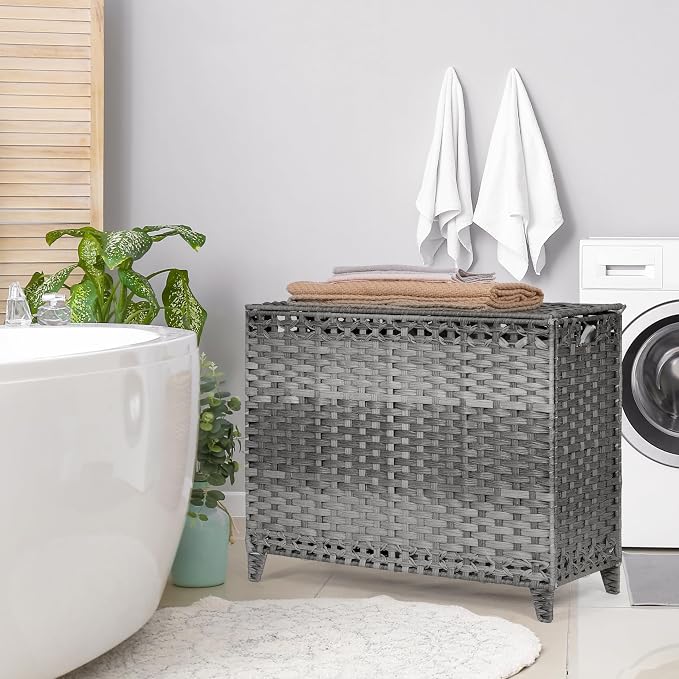 Laundry Hamper with 4 Removable Liner Bags, 176L Laundry Sorter with Lid | Raised Feet; Side Carry Handles; Handwoven PP Rattan; Rust-Resistant Iron Frame; Decorative Woven Design